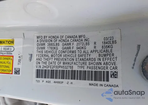 2023 Honda Civic Sport from USA, damaged, VIN 2HGFE2F50PH532768